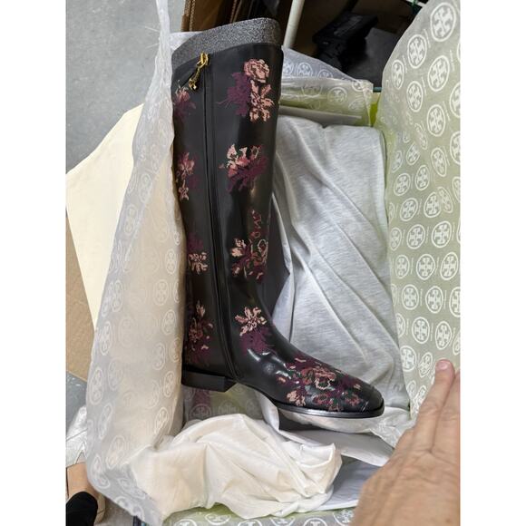 Tory Burch square toe 20MM Knee boot embroidered black leather 7.5 - Picture 6 of 12